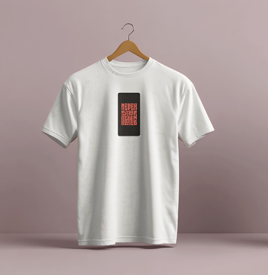 Minimalist embroidered text t-shirt vintage maker code design
